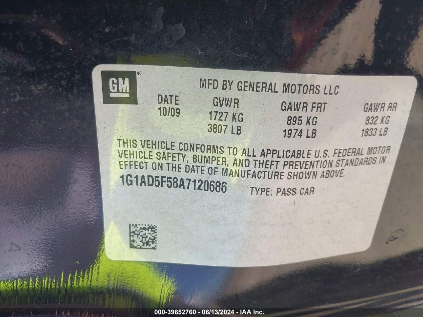 2010 Chevrolet Cobalt Lt VIN: 1G1AD5F58A7120686 Lot: 39652760