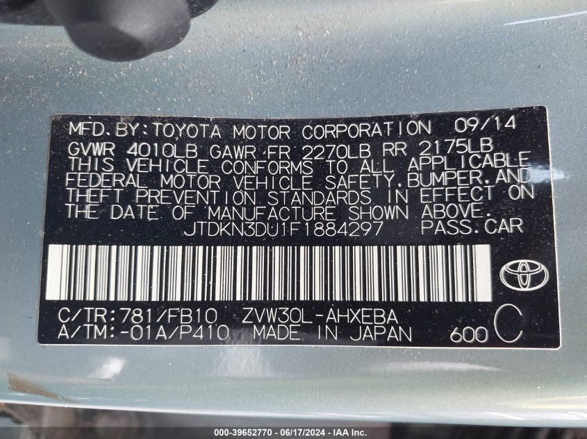 2015 Toyota Prius Three VIN: JTDKN3DU1F1884297 Lot: 39652770