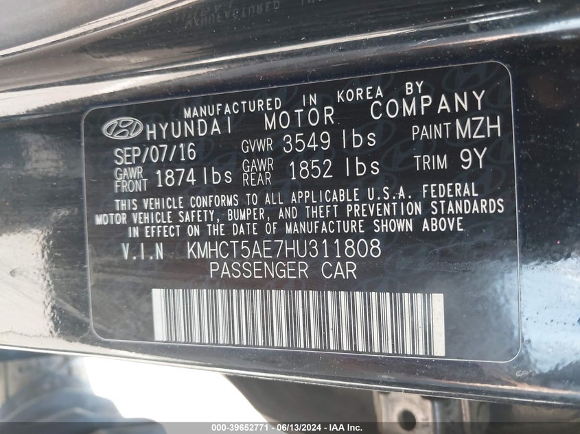 2017 Hyundai Accent Se VIN: KMHCT5AE7HU311808 Lot: 39652771
