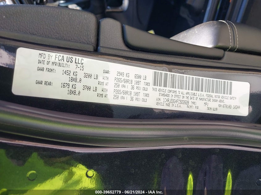 2015 Jeep Grand Cherokee Limited VIN: 1C4RJEBG4FC922628 Lot: 39652779