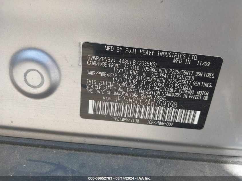 2010 Subaru Forester 2.5X Premium VIN: JF2SH6CC3AH759398 Lot: 39652783