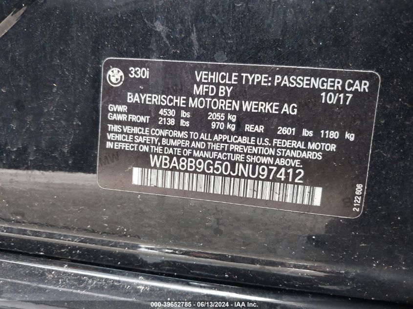 2018 BMW 330I VIN: WBA8B9G50JNU97412 Lot: 39652785