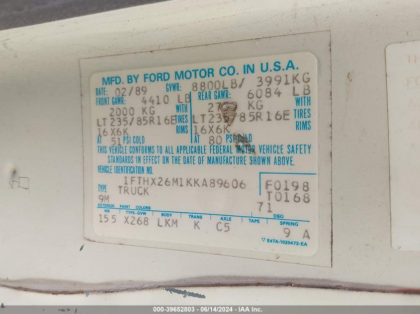 1989 Ford F250 VIN: 1FTHX26M1KKA89606 Lot: 39652803
