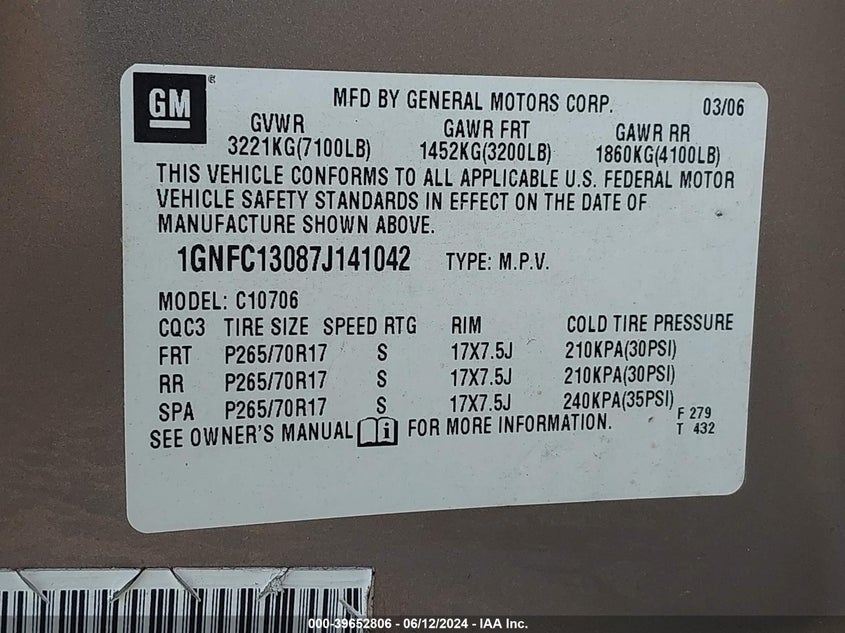 2007 Chevrolet Tahoe Lt VIN: 1GNFC13087J141042 Lot: 39652806