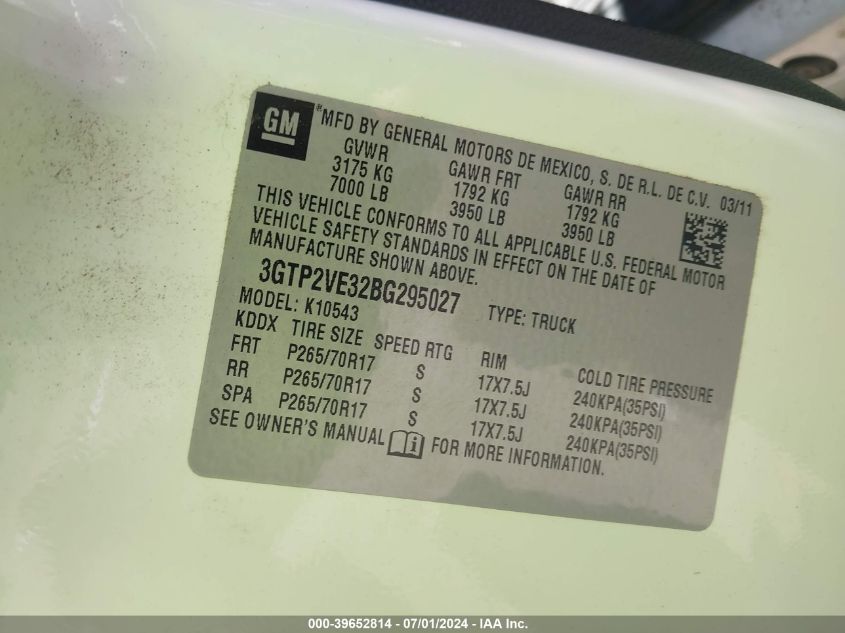 2011 GMC Sierra 1500 Sle VIN: 3GTP2VE32BG295027 Lot: 39652814