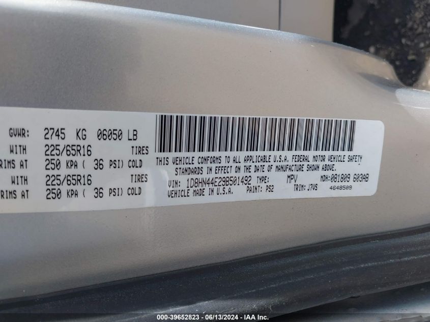 2009 Dodge Grand Caravan Se VIN: 1D8HN44E29B501492 Lot: 39652823