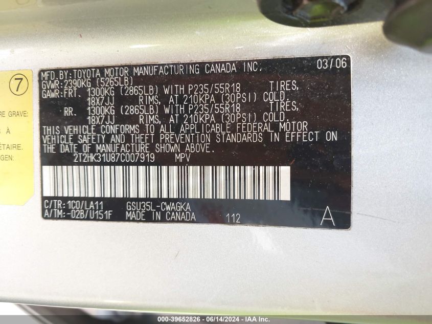 2007 Lexus Rx 350 VIN: 2T2HK31U87C007919 Lot: 39652826