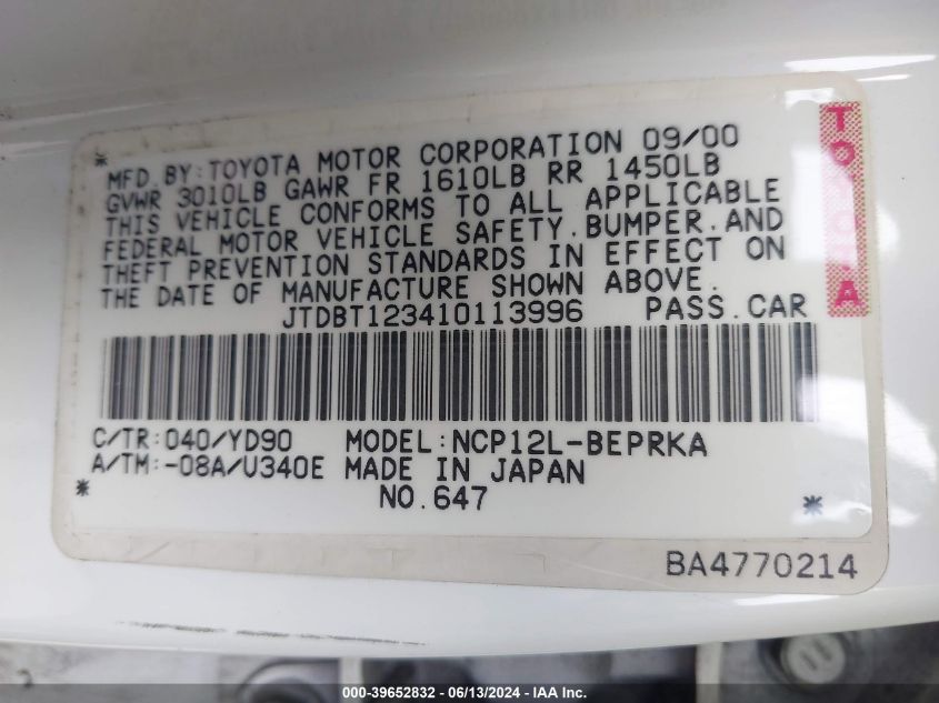 2001 Toyota Echo VIN: JTDBT123410113996 Lot: 39652832