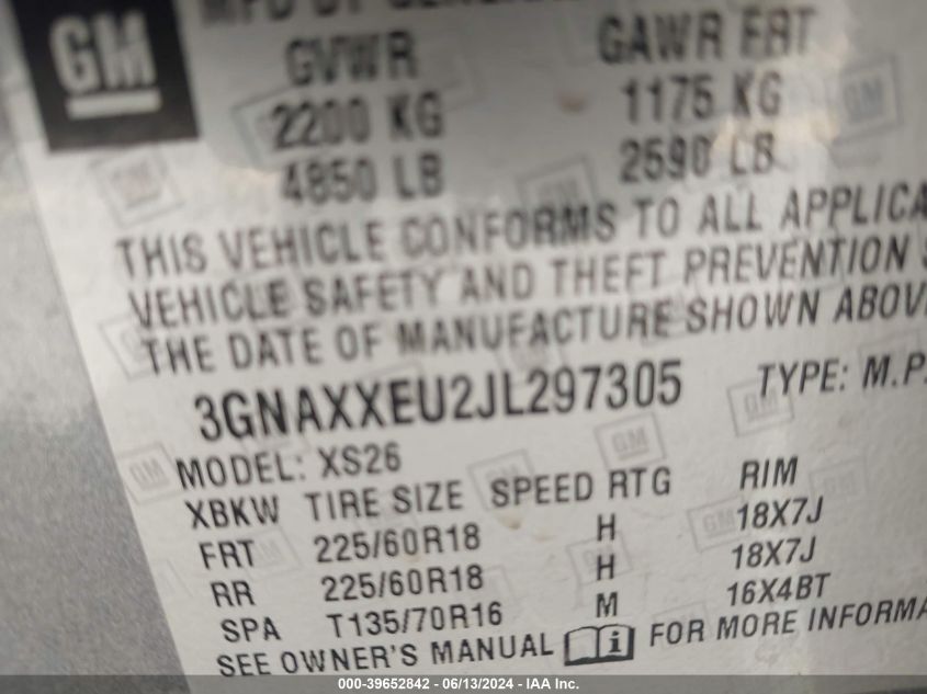 2018 Chevrolet Equinox Premier VIN: 3GNAXXEU2JL297305 Lot: 39652842