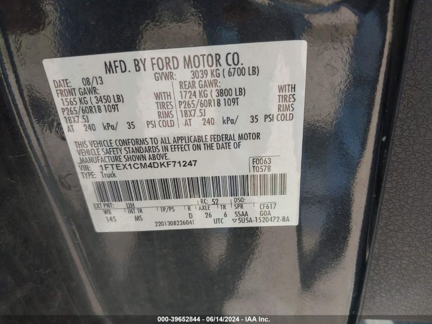 2013 Ford F-150 Xlt VIN: 1FTEX1CM4DKF71247 Lot: 39652844