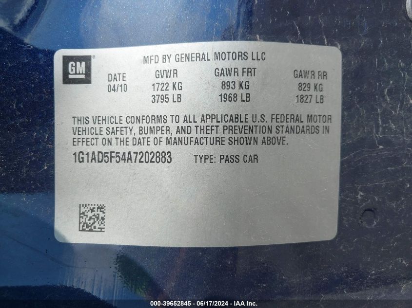 2010 Chevrolet Cobalt Lt VIN: 1G1AD5F54A7202883 Lot: 39652845