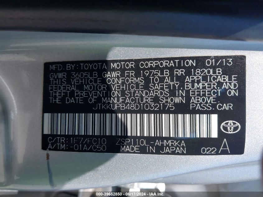 2013 Scion Xd VIN: JTKKUPB48D1032175 Lot: 39652850