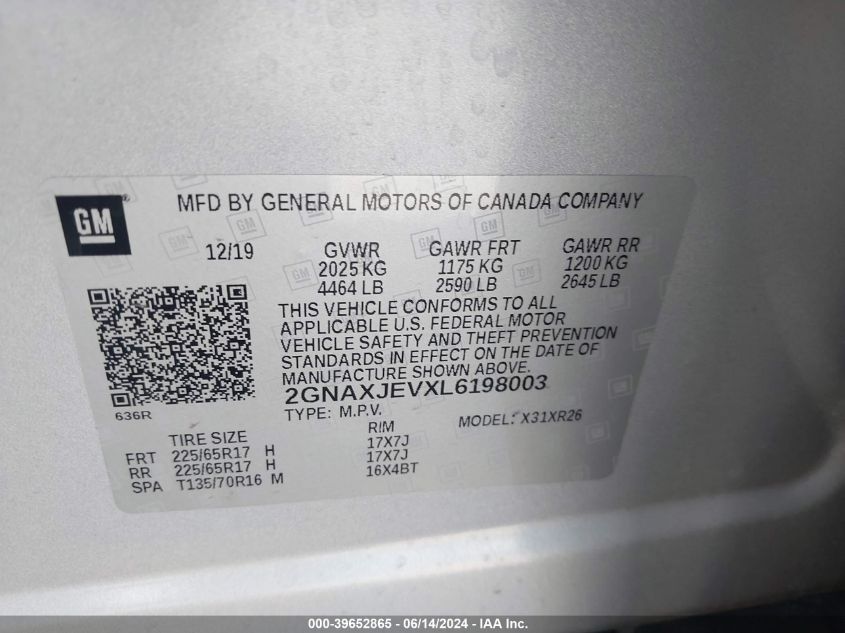 2020 Chevrolet Equinox Fwd 2Fl VIN: 2GNAXJEVXL6198003 Lot: 39652865