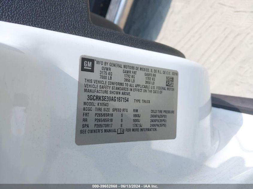 2010 Chevrolet Silverado 1500 Lt VIN: 3GCRKSE39AG187154 Lot: 39652868