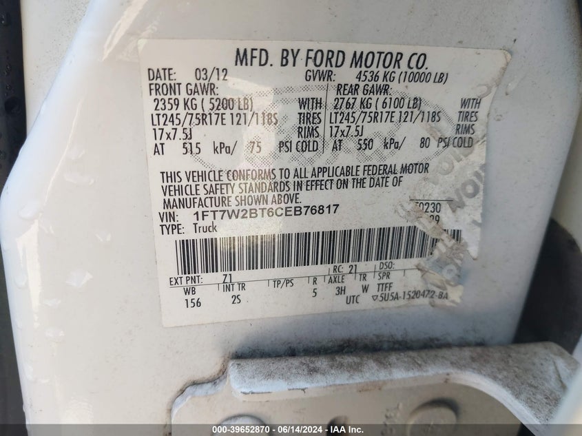 2012 Ford F-250 Xlt VIN: 1FT7W2BT6CEB76817 Lot: 39652870