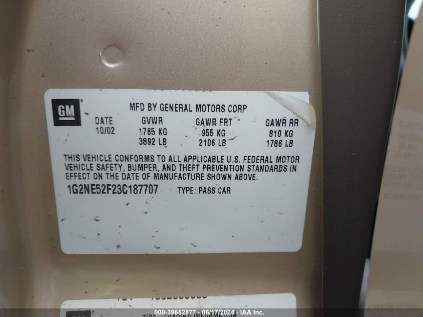 2003 Pontiac Grand Am Se VIN: 1G2NE52F23C187707 Lot: 39652877