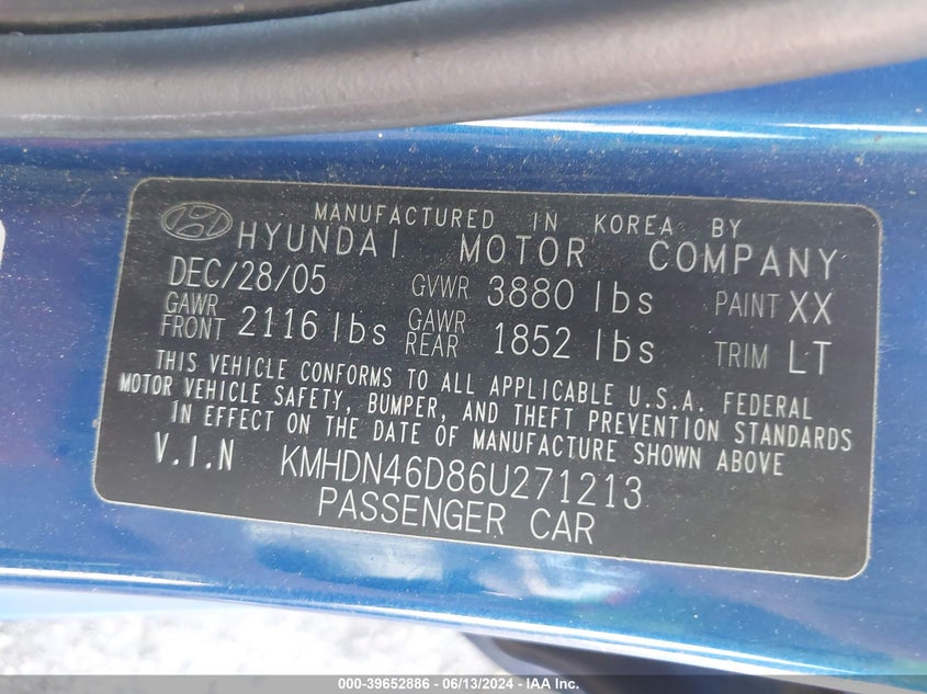 KMHDN46D86U271213 2006 Hyundai Elantra Gls/Limited