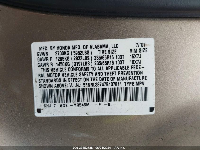 2007 Honda Odyssey Ex-L VIN: 5FNRL38747B107811 Lot: 39652888