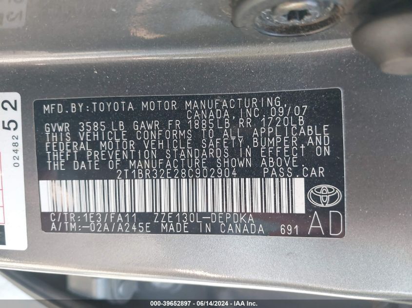 2008 Toyota Corolla Ce VIN: 2T1BR32E28C902904 Lot: 39652897