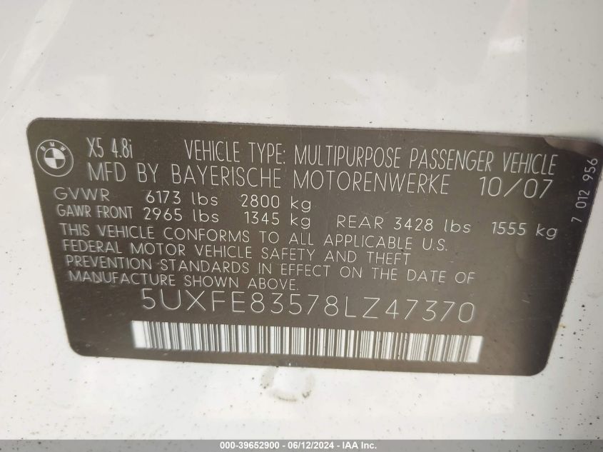 2008 BMW X5 4.8I VIN: 5UXFE83578LZ47370 Lot: 39652900
