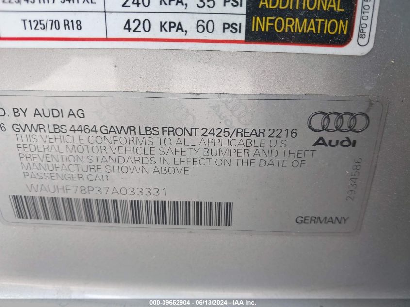 2007 Audi A3 2.0T VIN: WAUHF78P37A033331 Lot: 39652904