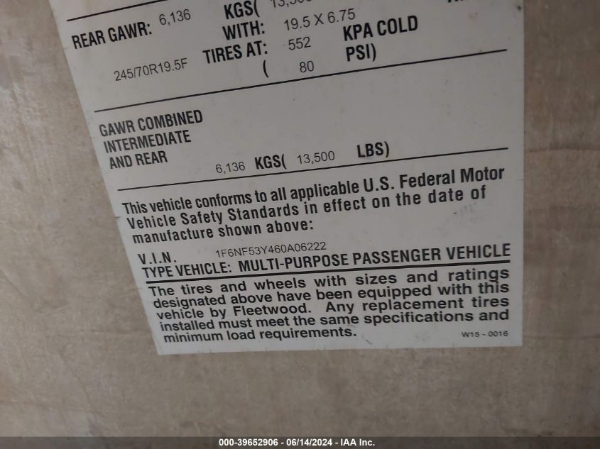2006 Fleetwood F550 VIN: 1F6NF53Y460A06222 Lot: 39652906