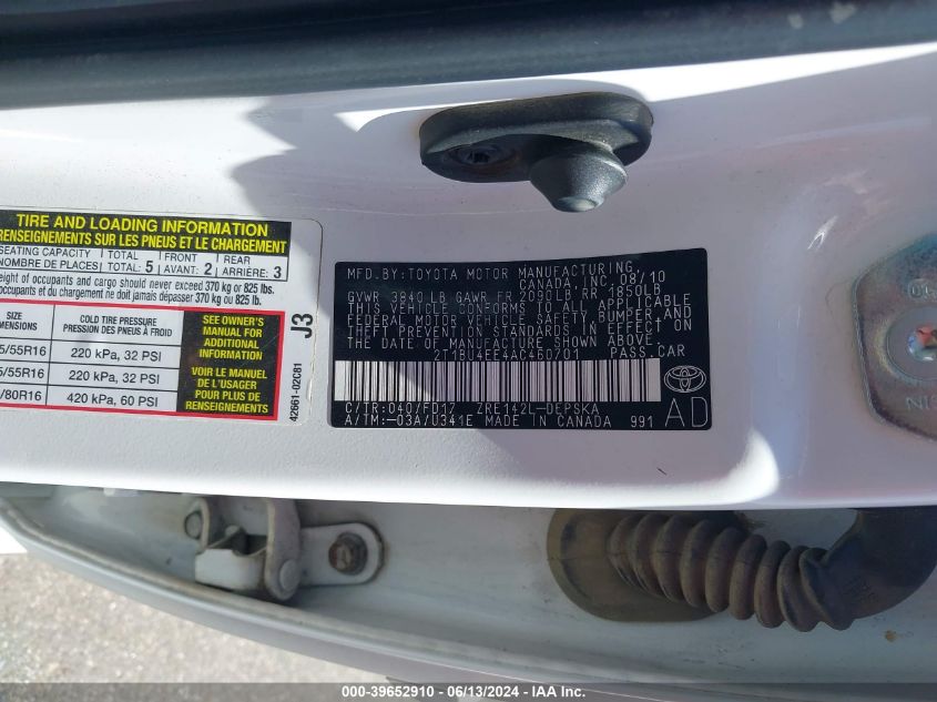 2010 Toyota Corolla S VIN: 2T1BU4EE4AC460701 Lot: 39652910