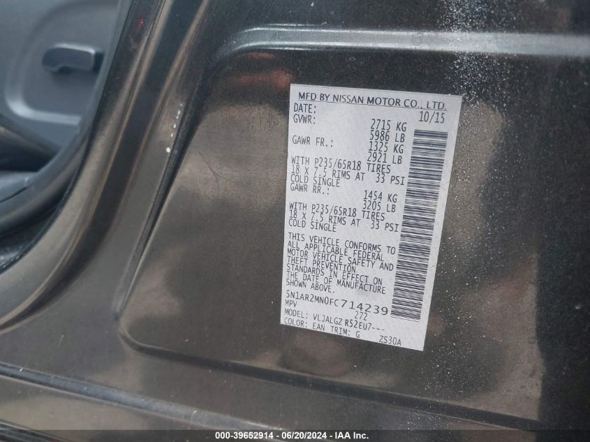 2015 Nissan Pathfinder Sl VIN: 5N1AR2MN0FC714239 Lot: 39652914