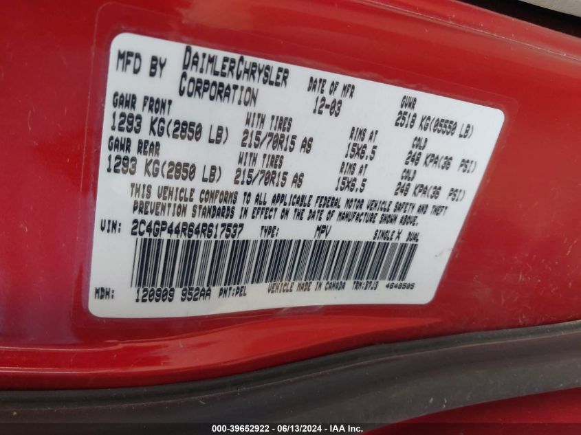 2004 Chrysler Town & Country Lx VIN: 2C4GP44R64R617537 Lot: 39652922