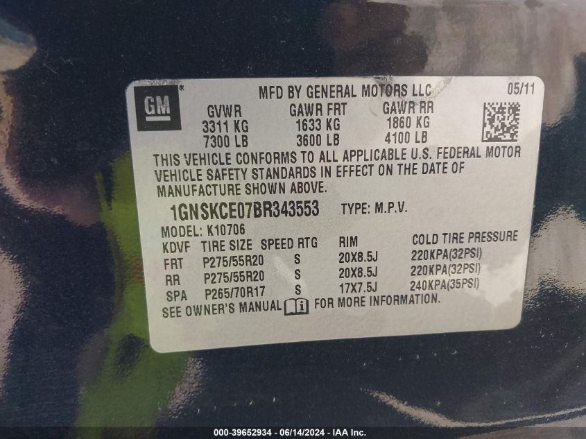 2011 Chevrolet Tahoe Ltz VIN: 1GNSKCE07BR343553 Lot: 39652934