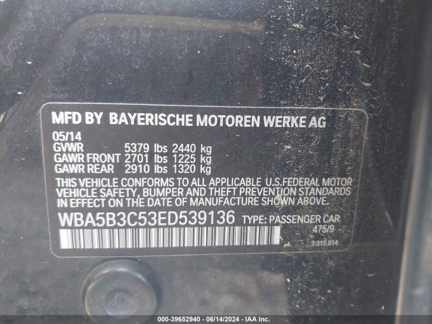2014 BMW 535I xDrive VIN: WBA5B3C53ED539136 Lot: 39652940