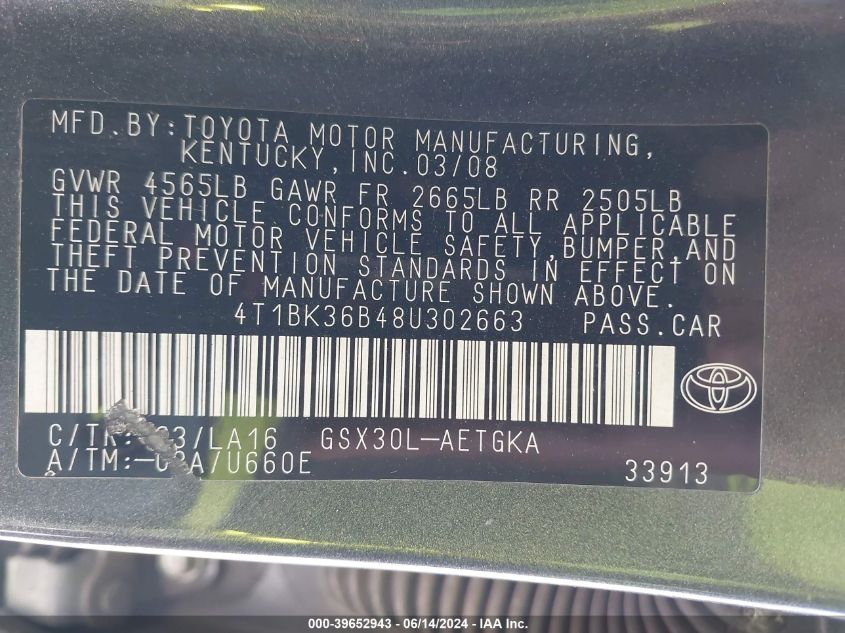 2008 Toyota Avalon Xls VIN: 4T1BK36B48U302663 Lot: 39652943