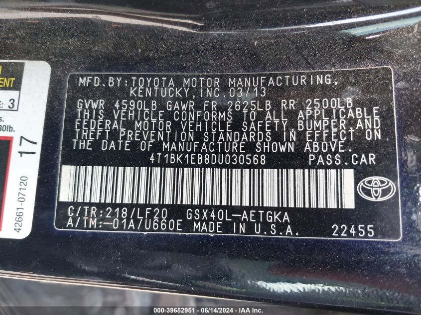 4T1BK1EB8DU030568 2013 Toyota Avalon Xle Premium