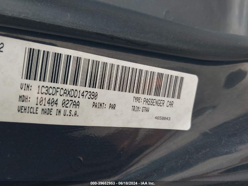 2013 Dodge Dart Limited VIN: 1C3CDFCAXDD147390 Lot: 39652953