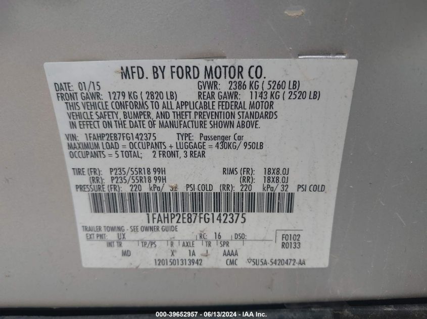 2015 Ford Taurus Sel VIN: 1FAHP2E87FG142375 Lot: 39652957