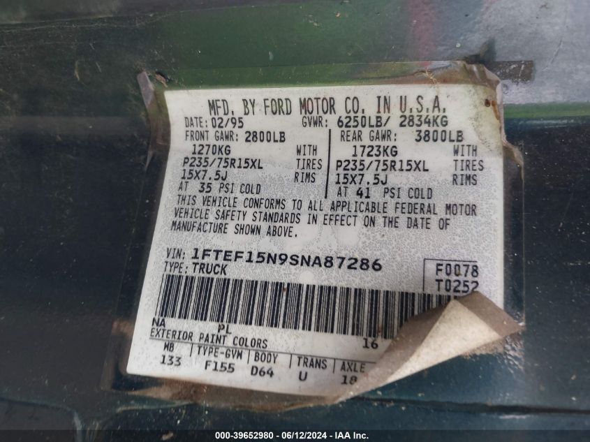 1995 Ford F150 VIN: 1FTEF15N9SNA87286 Lot: 39652980