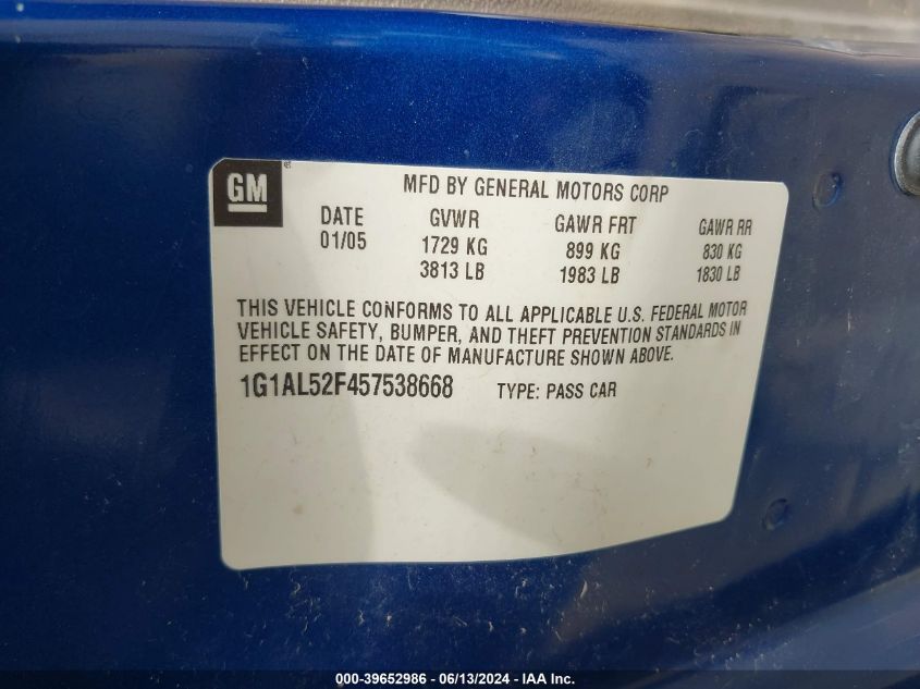 2005 Chevrolet Cobalt Ls VIN: 1G1AL52F457538668 Lot: 39652986