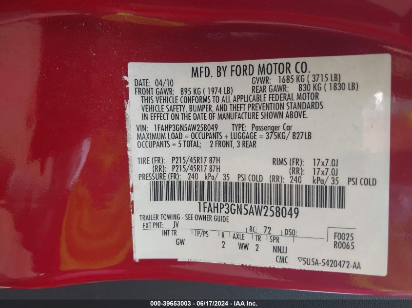 2010 Ford Focus Ses VIN: 1FAHP3GN5AW258049 Lot: 39653003