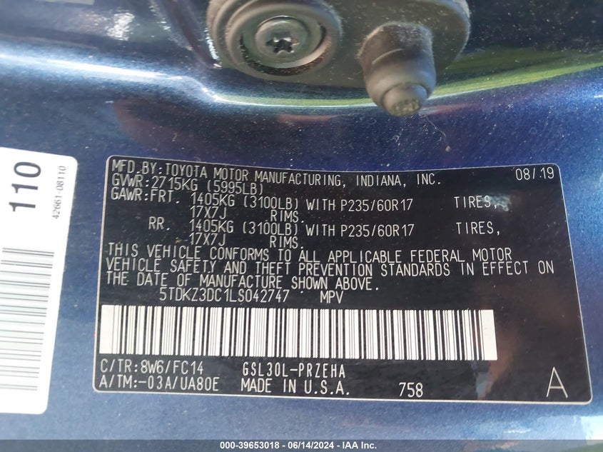 2020 Toyota Sienna Le VIN: 5TDKZ3DC1LS042747 Lot: 39653018