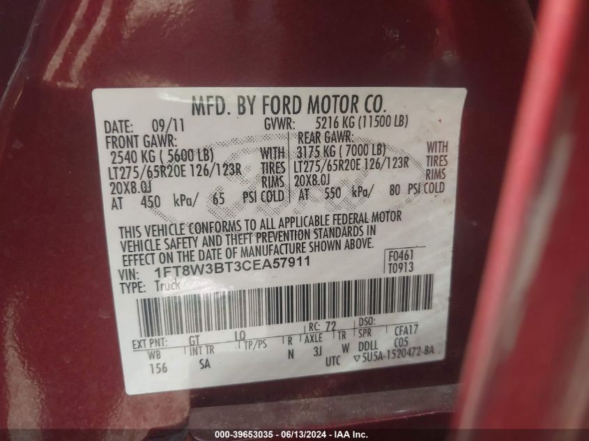 2012 Ford F-350 Super Duty VIN: 1FT8W3BT3CEA57911 Lot: 39653035