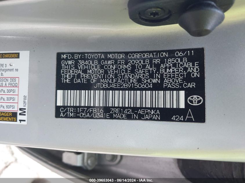 2011 Toyota Corolla Le VIN: JTDBU4EE2B9150604 Lot: 39653043