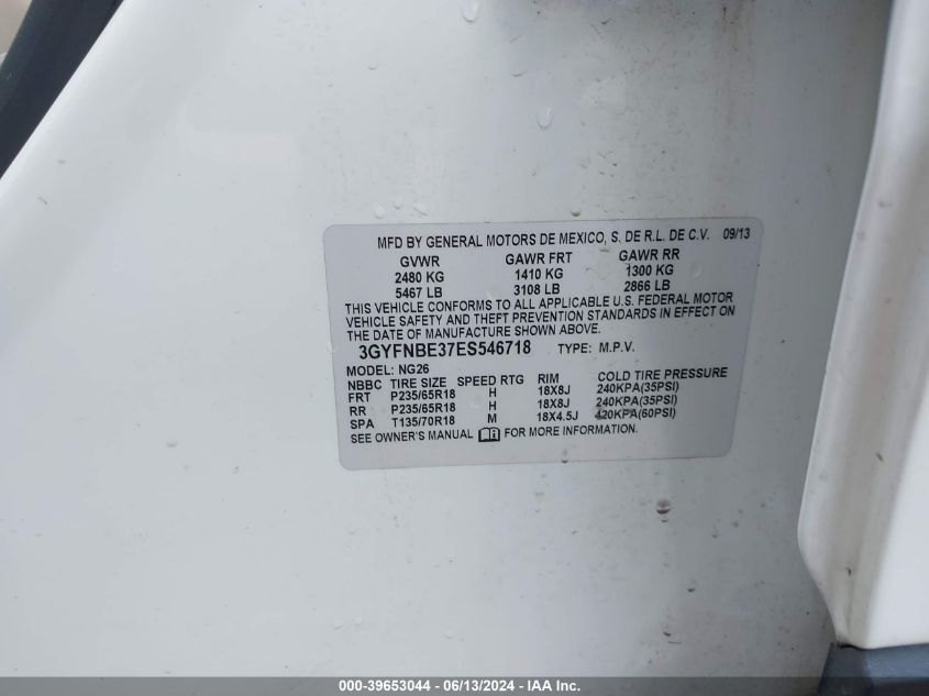 2014 Cadillac Srx Luxury Collection VIN: 3GYFNBE37ES546718 Lot: 39653044