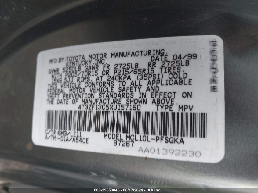 1999 Toyota Sienna Xle VIN: 4T3ZF13C5XU157160 Lot: 39653045