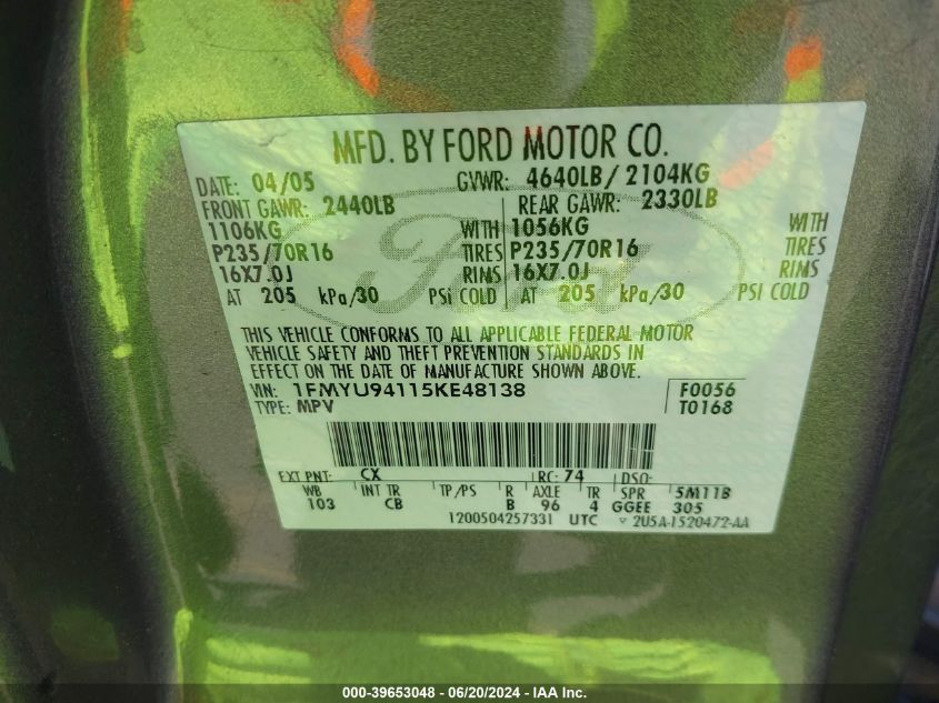 2005 Ford Escape Limited VIN: 1FMYU94115KE48138 Lot: 39653048
