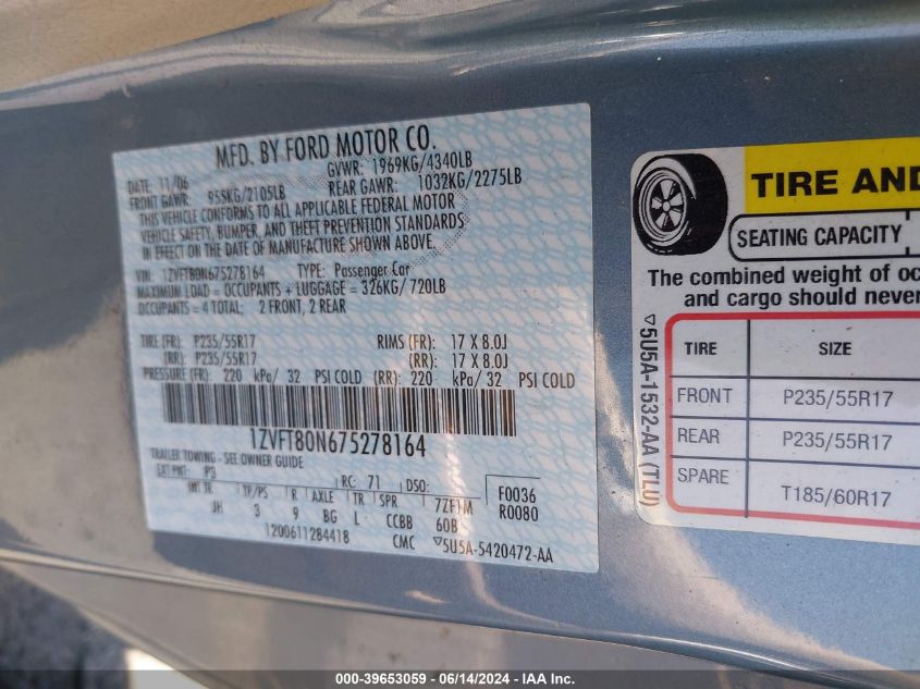 2007 Ford Mustang V6 Deluxe/V6 Premium VIN: 1ZVFT80N675278164 Lot: 39653059