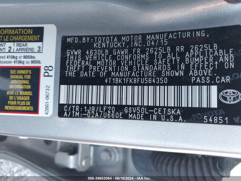 2015 Toyota Camry Xse V6 VIN: 4T1BK1FK8FU564350 Lot: 39653064