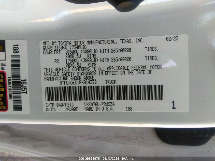 2023 Toyota Tundra Sr5 VIN: 5TFLA5EC1PX014372 Lot: 39653075