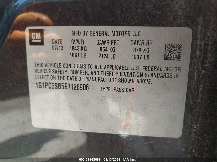 2014 Chevrolet Cruze 1Lt Auto VIN: 1G1PC5SB5E7128906 Lot: 39653089