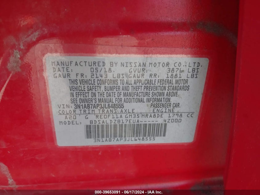2018 Nissan Sentra Sv VIN: 3N1AB7AP3JL648555 Lot: 39653091