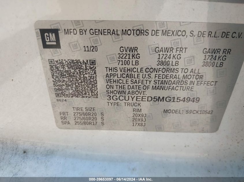 2021 Chevrolet Silverado 1500 4Wd Short Bed Rst VIN: 3GCUYEED5MG154949 Lot: 39653097